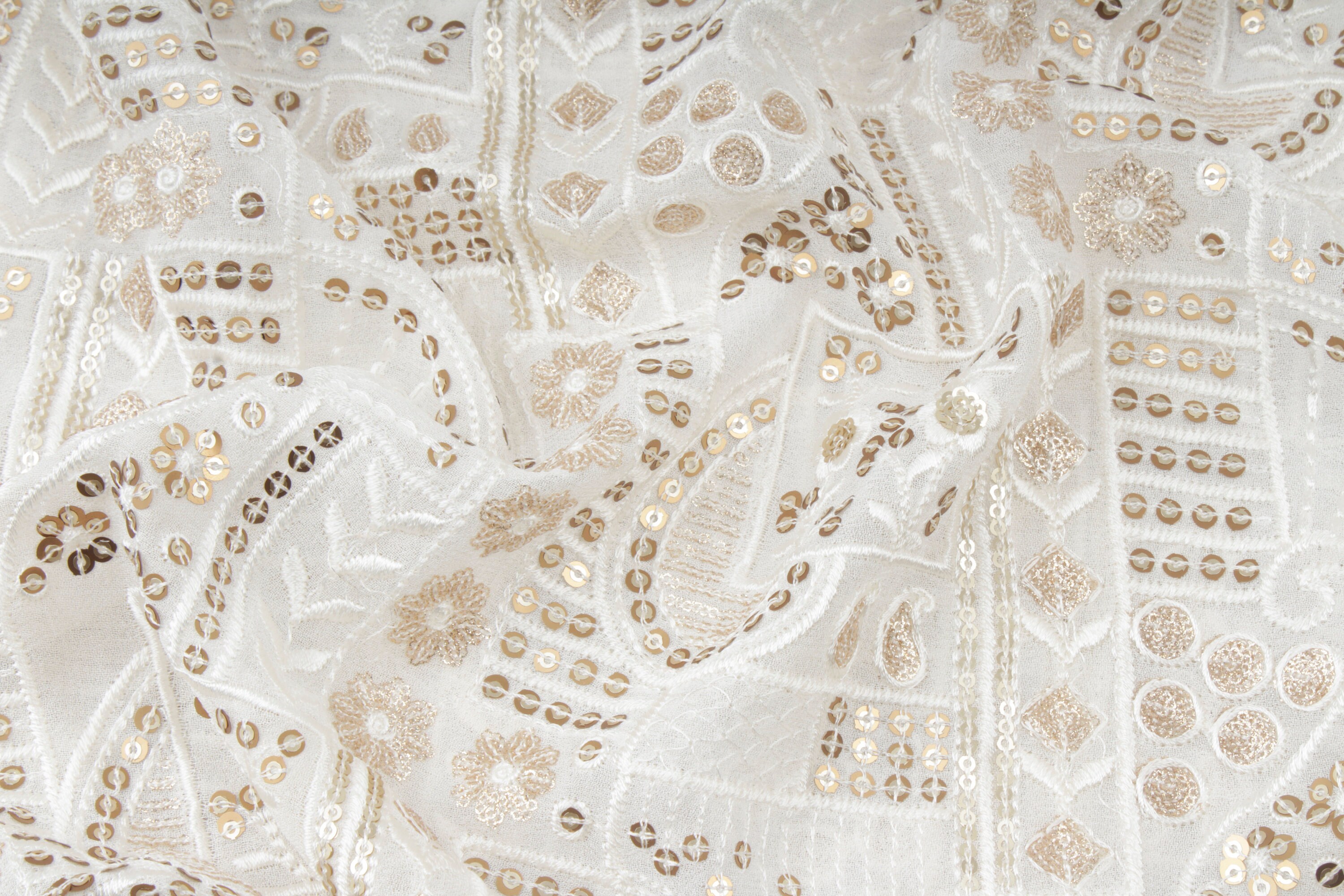 White and Gold Embroidered Fabric Patchwork Pattern Fabric Etsy