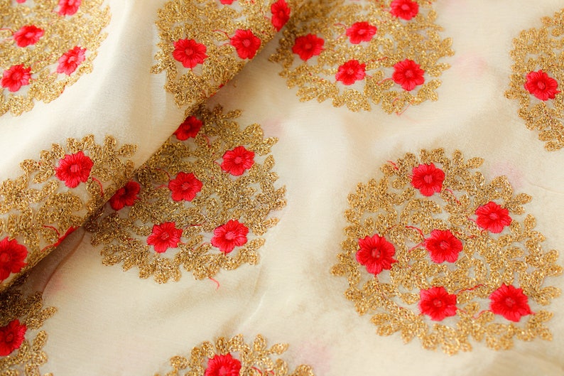 Cream and Gold Embroidered Fabric Chiffon Fabric Zari Fabric Indian Embroidered Fabric Half yard Mandala Fabric