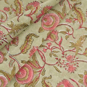 Green Block Print Fabric, Indian Kurta, Floral Kaftan, Cotton Clothing, Cushions, Home Decor Fabric, Quilting Cotton by the Yard, Sewing DIY