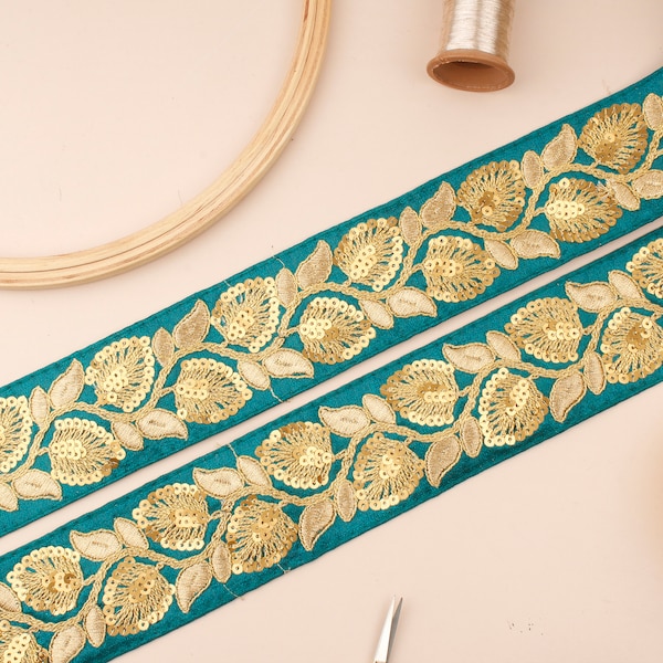 Teal Green and Gold Trim, Embroidered Floral Lace, Indian Decorative Trim, Costume Trim, Trim by the Yard, Trim for Curtains, Sequin Lace