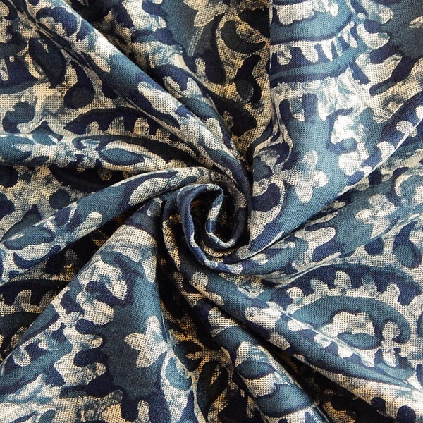 1 yard of Rayon Fabric, Indian Fabric, Floral Print Fabric, Blue and Beige Rayon Fabric, Mottled Fabric