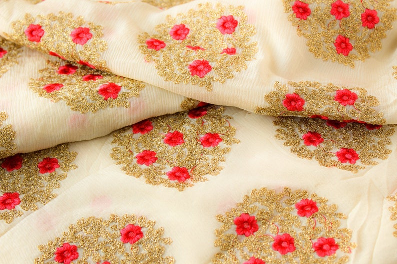 Cream and Gold Embroidered Fabric Chiffon Fabric Zari Fabric Indian Embroidered Fabric Half yard Mandala Fabric