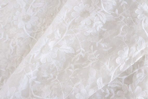 Off-white Net Fabric With White Embroidery, Boho Floral Fabric, Embroidered Net  Fabric, Wedding Dress Fabric, Sequin Fabric 1 Yard -  Hong Kong