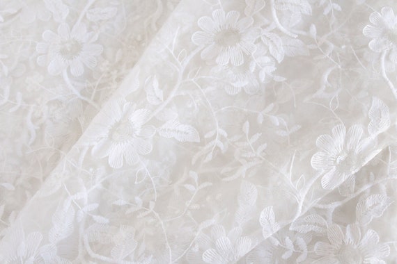 Off-white Net Fabric With White Embroidery, Boho Floral Fabric