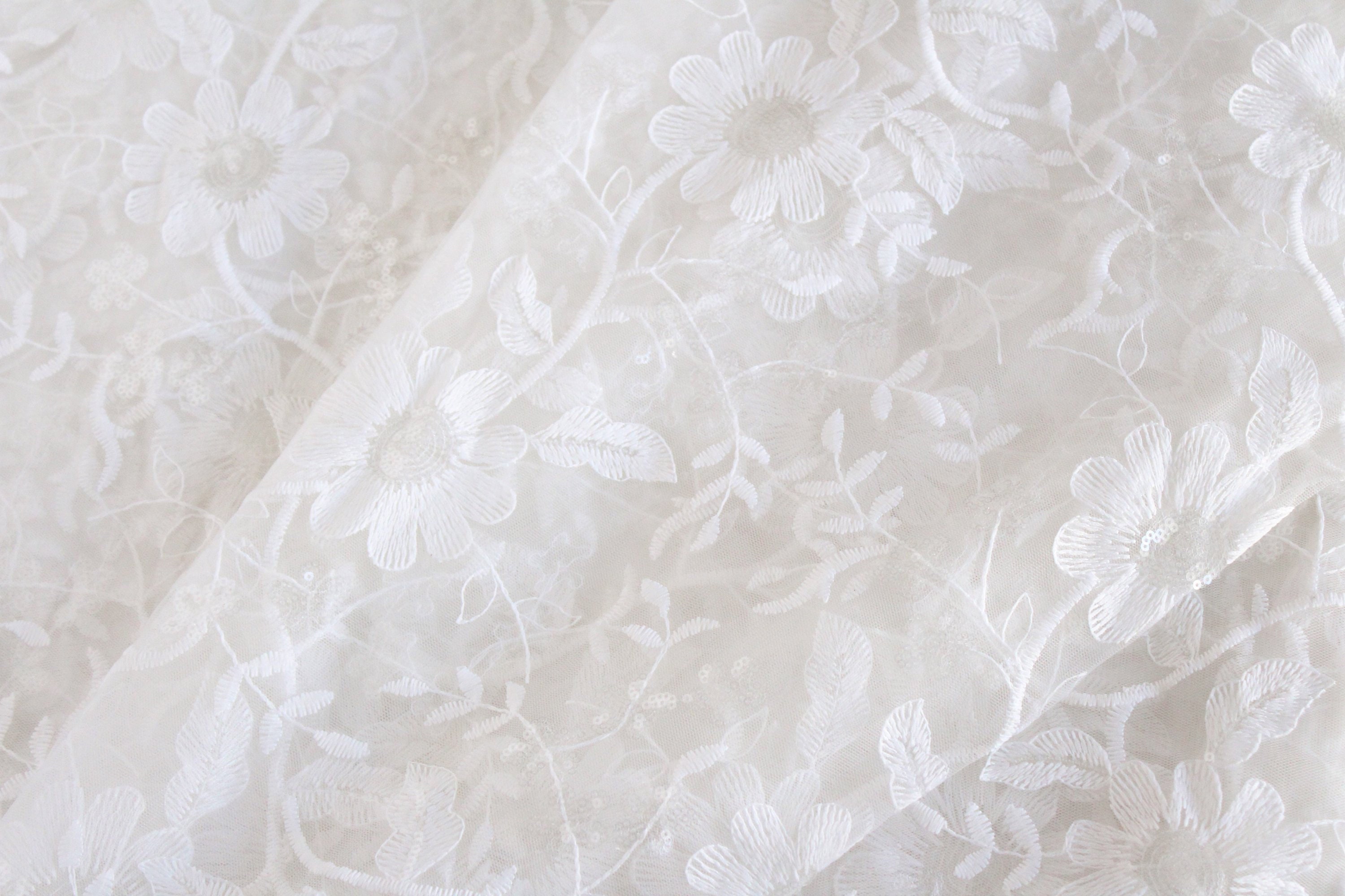 Off-white Net Fabric With White Embroidery, Boho Floral Fabric, Embroidered Net  Fabric, Wedding Dress Fabric, Sequin Fabric 1 Yard 