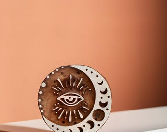 Crescent Moon Wooden Stamp, Mystical Eye Block Print, 4 inch