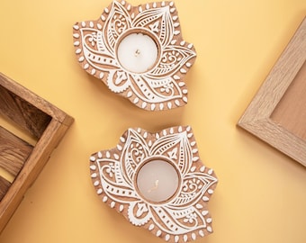 Hand Carved Lotus Tealight Holder, Indian Diwali Decor, Wedding Favor