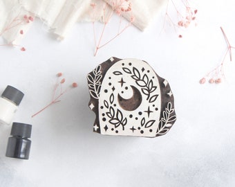 Crescent Moon Wood Block Stamp, Celestial Floral Print