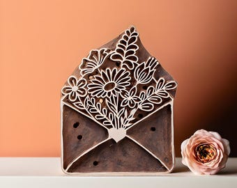 Floral Envelope Wooden Stamp, Hand-Carved Block Print
