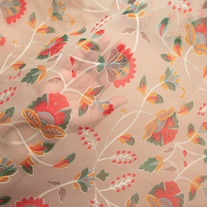 Green Embroidered Organza, Hand Painted Fabric, Organza Saree, Summer Dress, Sheer Floral Fabric, Embroidered Fabric by the Yard, Sewing DIY