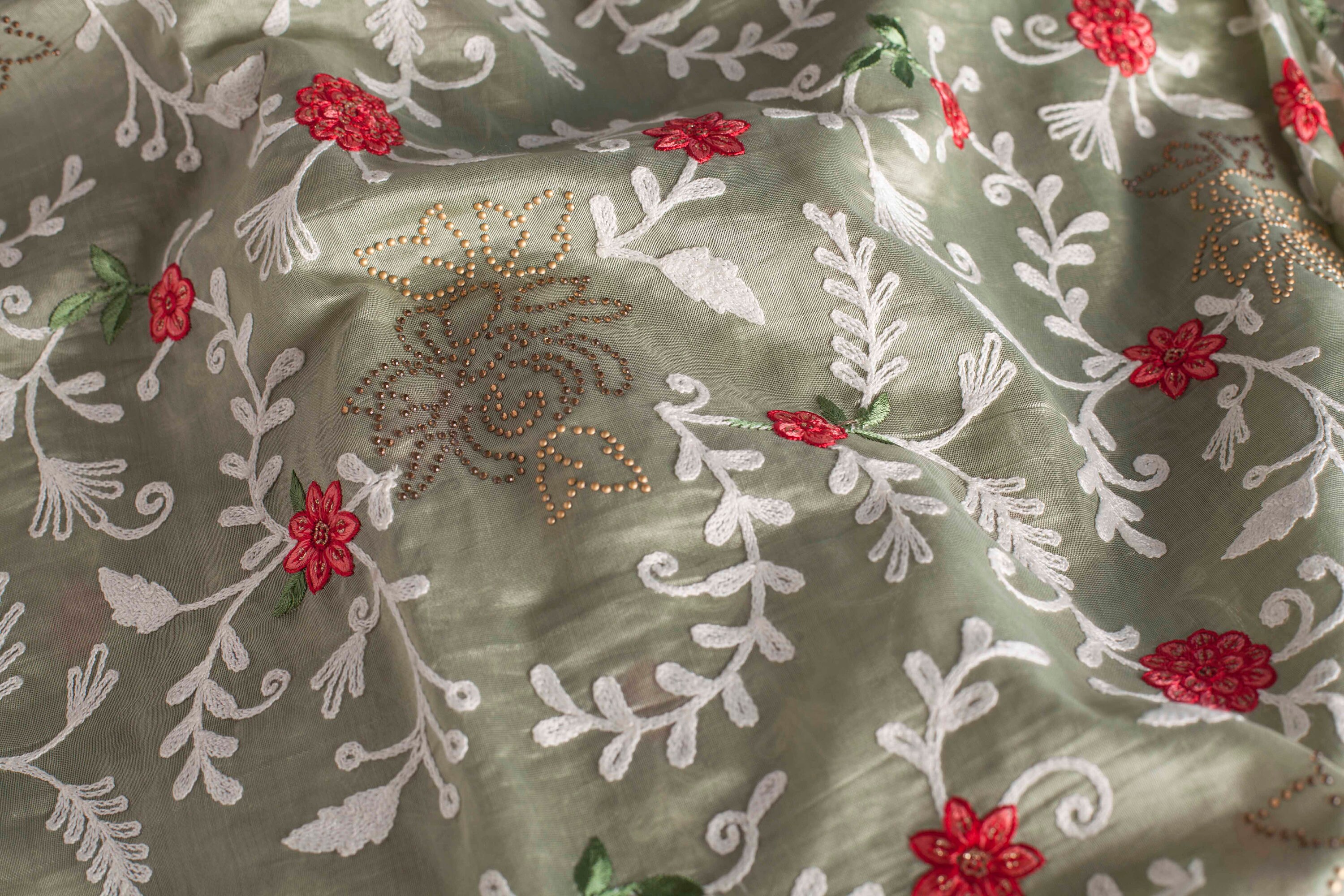Pistachio Embroidered Silk Linen MEMT-018-01