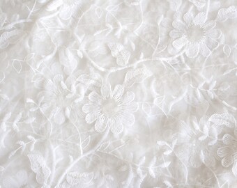 Off-White Net Fabric with White Embroidery, Boho Floral Fabric, Embroidered  Net Fabric, Wedding Dress Fabric, Sequin Fabric- 1 Yard