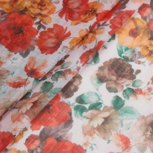 1 yard- White Floral Fabric, Summer Dress Fabric, Sheer Chiffon Fabric, Skirt Fabric, Boho Clothing Fabric, Chiffon Saree, Floral Dupatta