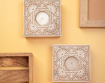 Handcarved Floral Tealight Holder, Indian Diwali Decor, Wood Candle Holder