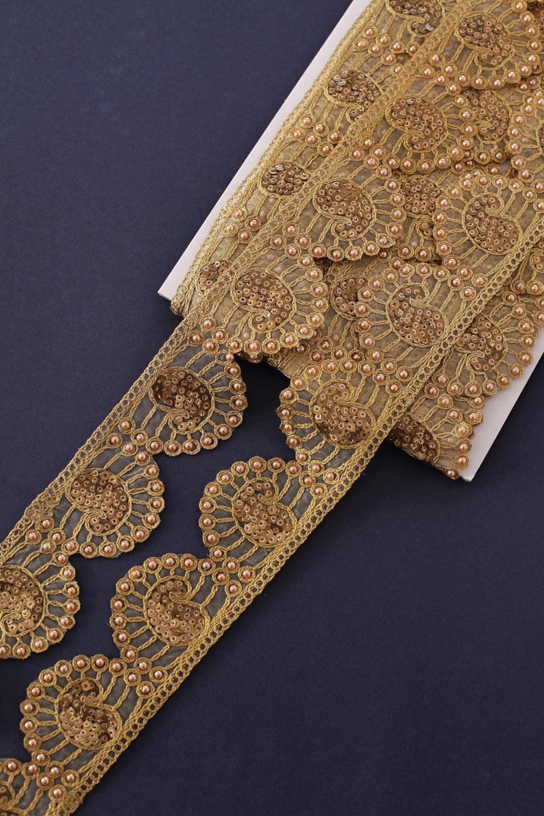Floral Scallop Lace Indian Trim Boho Upholstery Trim Costume Trim Sequin Trim Gold Paisley Trim Organza Embroidered Trim