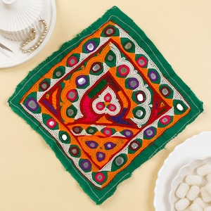 Green Kutchi Embroidered Mirror Patch: Indian Applique, Sew-On Denim Jacket Embellishment