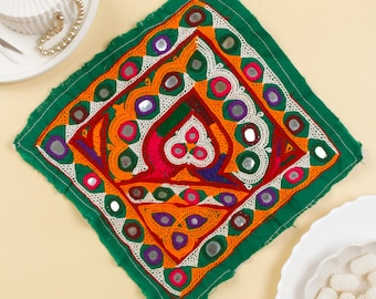 Green Kutchi Hand Embroidered Mirror Patch: Indian Applique, Sew-On Denim Jacket Embellishment