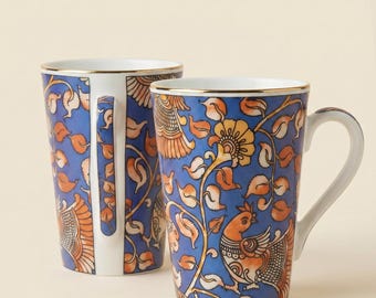 Kalamkari Bone China Mugs – Set of 2, Tea Mug, Gifts for Her