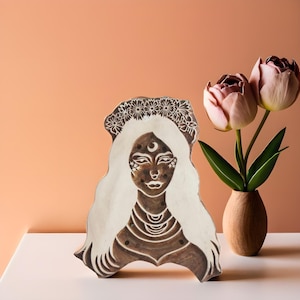 Sello de mujer mística, sello de bloque de madera, sello celestial, sello de impresión en bloque, sello de cerámica, sello textil, sello de impresión en bloque indio, sello de arcilla