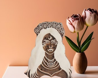 Mystical Woman Wooden Block Print Stamp, Sheesham, DIY Crafts