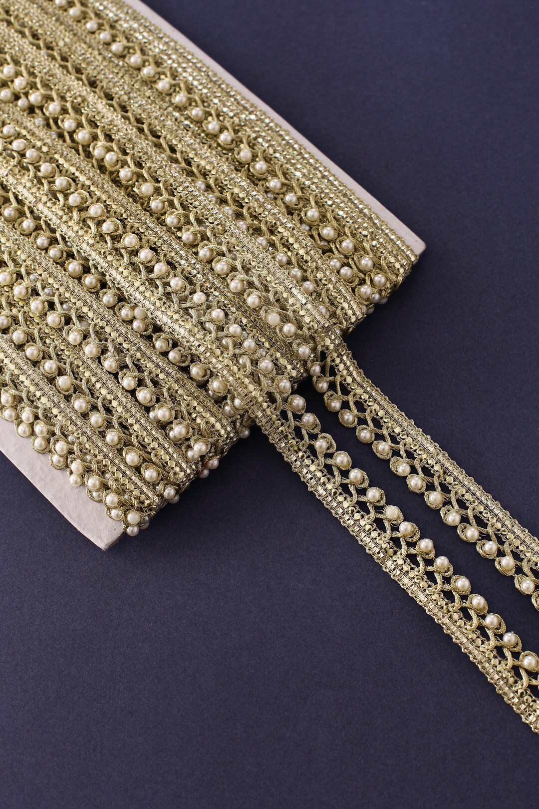 9 Yards of Pale Gold Beaded Trim, Pearl Trim, Upholstery Piping Trim