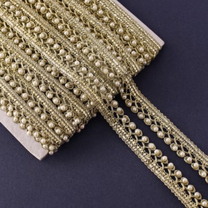 9 yards of Pale Gold Beaded Trim, Pearl Trim, Upholstery Piping Trim, Dupatta Trim, Zari Braided Trim, Gold Scallop Trim