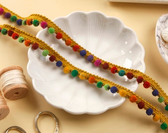 3 yards- Colourful Pom Pom Trim, Indian Trim, Upholstery Piping Trim, Velvet Pom Poms, Piping Cord, Velvet Beaded Trim