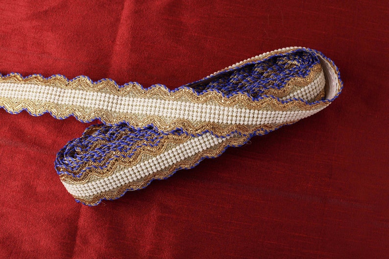 Pearl Trim Scalloped Trim 9 yards of Gold and Blue Beaded Trim Indian Trim Bridal Wear Embellishment Pearl Lace