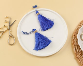 Royal Blue Art Silk Tassels – Boho Jewelry, Beaded Charms (Set of 2)