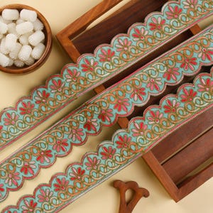 3 yards - Mint Green Embroidered Trim, Scalloped Trim, Indian Decorative Trim, Boho Floral Lace, Costume Trim, Curtain Trim, Craft Ribbon