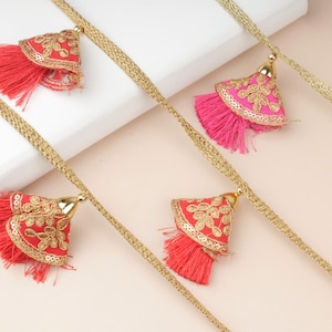 4 yards- Embroidered Tassel Trim, Fringe Trim, Red Fringe Lace, Indian Tassel Trim, Upholstery Trim, Pink Tassel Trim, Trim for Curtains