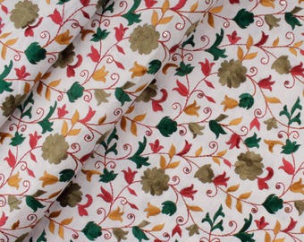 White Embroidered Floral Dupioni Fabric – Indian Art Silk, Lehenga Dress, 1 Yard