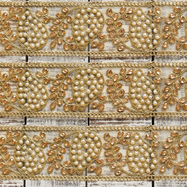 1 yard  Gold Pearl Trim, Embroidered Organza Trim, Bridal Wear Embellishment, Indian Trim, Rhinestone Trim, Gold Embroidered Trim