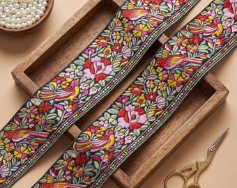 Floral Jacquard Trim – 4 Inch Wide Indian Sewing Ribbon, 9 Yards, Upholstery Lace, Embroidered Trim