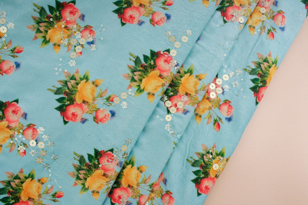 Mint Blue Velvet Fabric, Floral Velvet, Indian Fabric, Embroidered