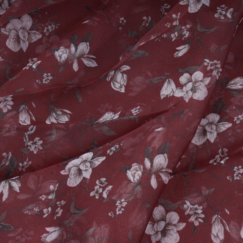 1 Yard Wine Red Organza, Sheer Dress, Indian Fabric, Floral Lehenga Fabric, Organza Sari