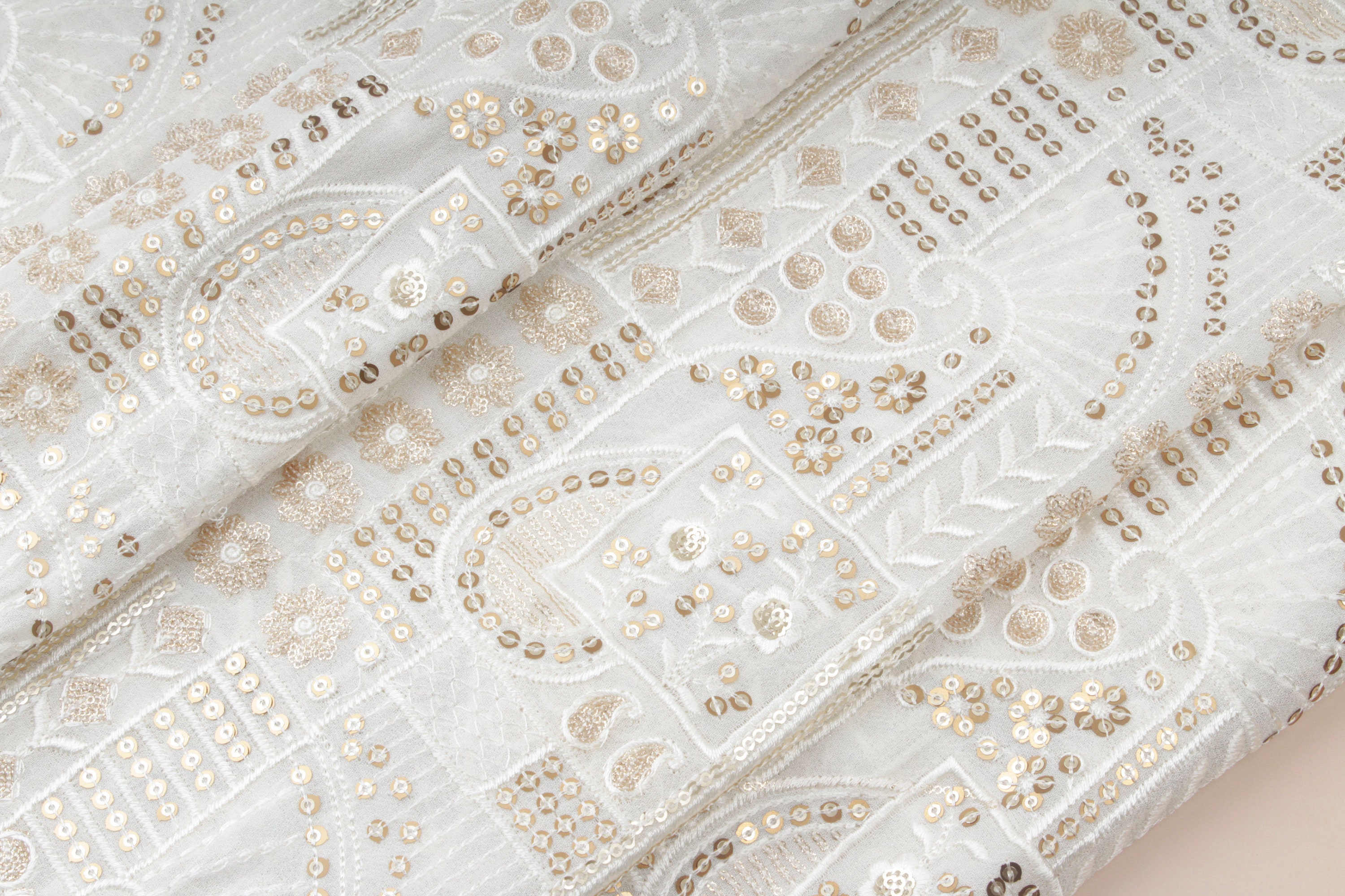 White and Gold Embroidered Fabric Patchwork Pattern Fabric Etsy