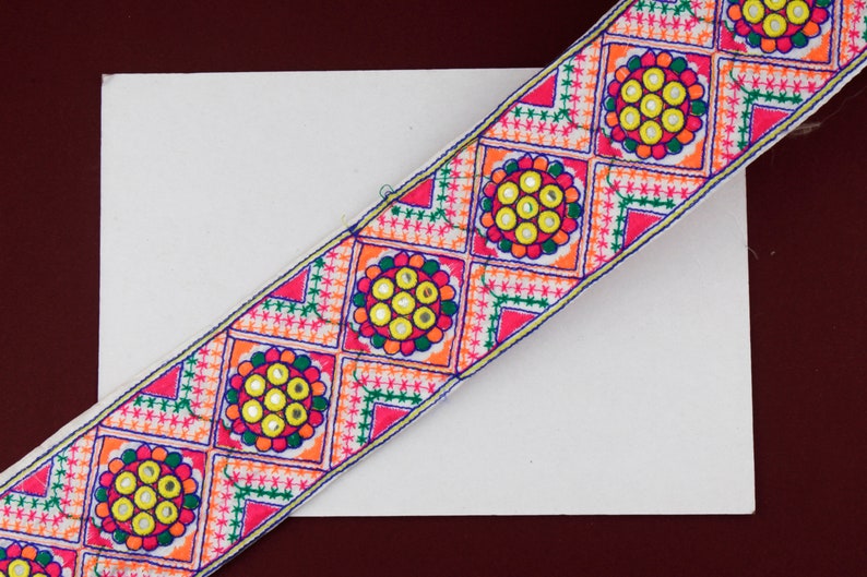 Costume Trim Sequin Lace 1 yard White and Pink Trim Geometric Trim Denim Jacket Patch Indian Decorative Trim Boho Embroidered Lace