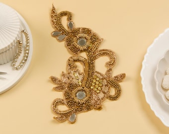 Gold Zardozi Applique, Beaded Floral Mirror Patch
