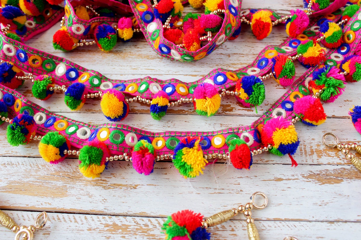 HAND® Colourful Pom Pom Trim Embellishment with Multicoloured Base for  Fashion, Art & Craft - 2 Metres