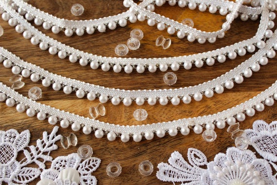 5 Yards of White Pearl Trim, Elegant White Beaded Trim, Pearl Lace