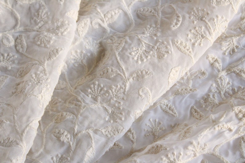 Indian Embroidered Fabric Off-White Embroidered Fabric Georgette Fabric Bridal Wear Fabric One yard