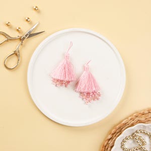 Set of 2- Beaded Silky Tassels, Indian Tassels, Decor Fringe, Pink Mala Tassels, Jewelry Charms, Tassels for Bags, Keychain, Earring Tassels