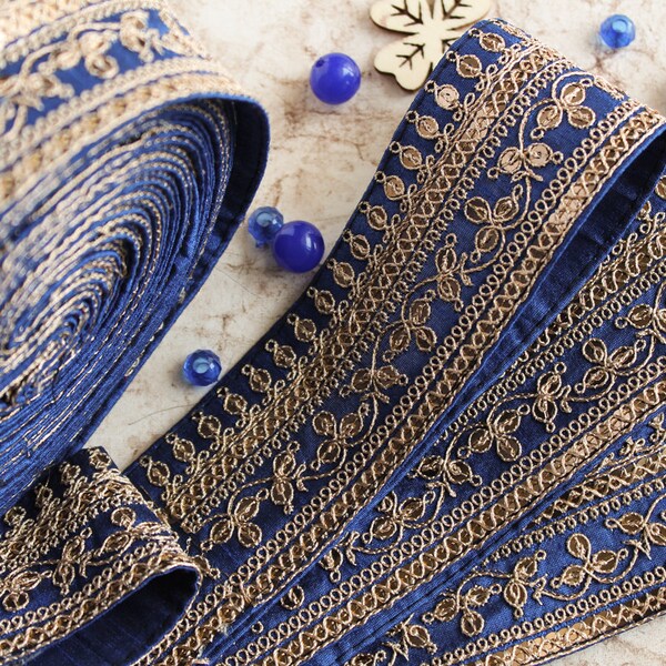 Bleu et or Trim, brodé, garniture en tissu indien, mariée porter embellissement, ruban indien, or Sequin Trim - 1 yard