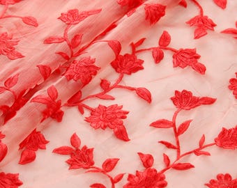 Coral Embroidered Floral Organza Fabric – Sheer Indian Dress Material