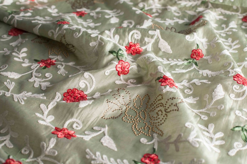 Pistachio Green Embroidered Fabric Embroidered Blend Silk Etsy