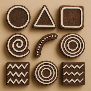 Confezione da 100 - Set di timbri Minimal Icon, timbri in ceramica, timbri con stampa a blocco, timbri con blocco di legno, timbri per diario, timbri per imballaggio, timbri per ceramica