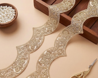 Gold Scalloped Sequin Trim – Embroidered Floral Trim, 3 Yards