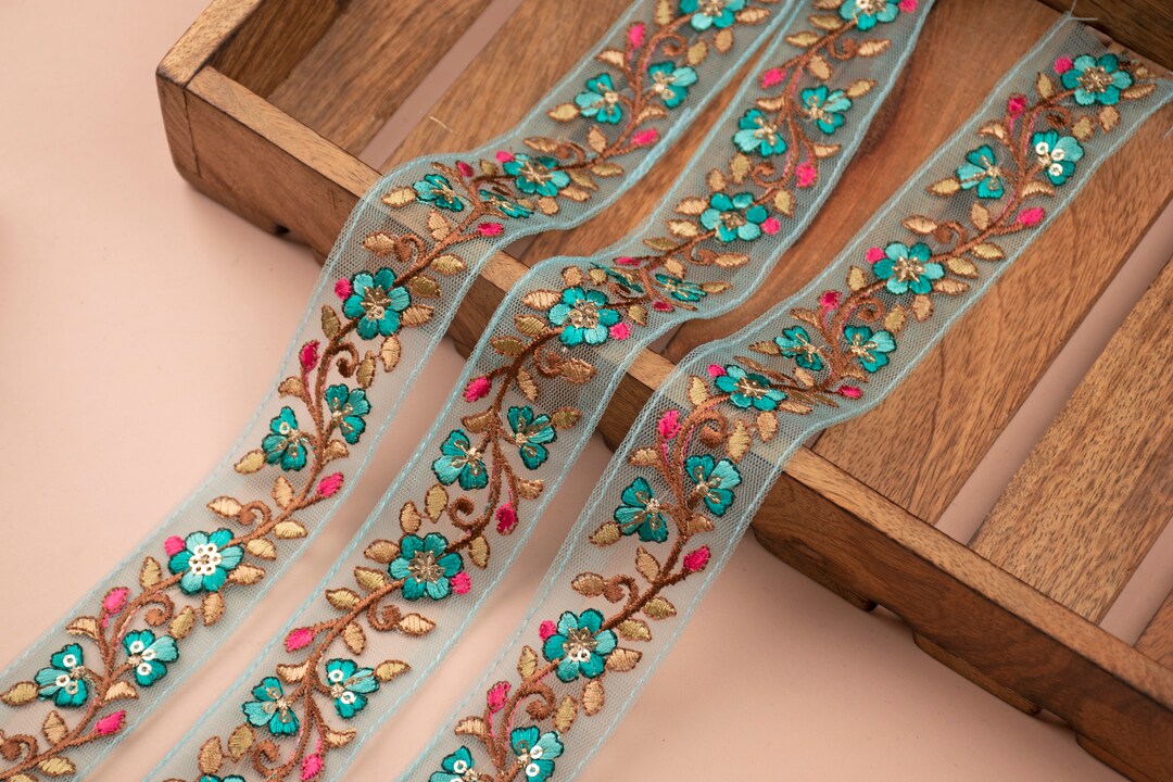 9 Yards Mint Blue Embroidered Trim, Sequin Trim, Indian Decorative Trim