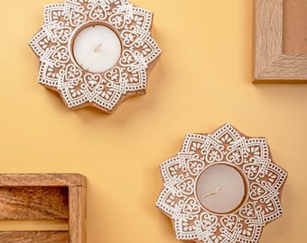 Hand Carved Wood Mandala Tealight Holder, Diwali Decor
